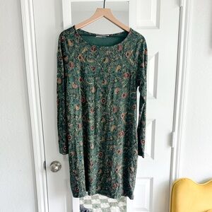 Peruvian Connection Forest Green Floral Long Sleeve Tunic Dress L